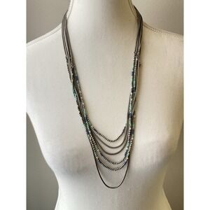 Premier Designs Necklace Layered Gunmetal Tone Beaded Multi Strand Blue White